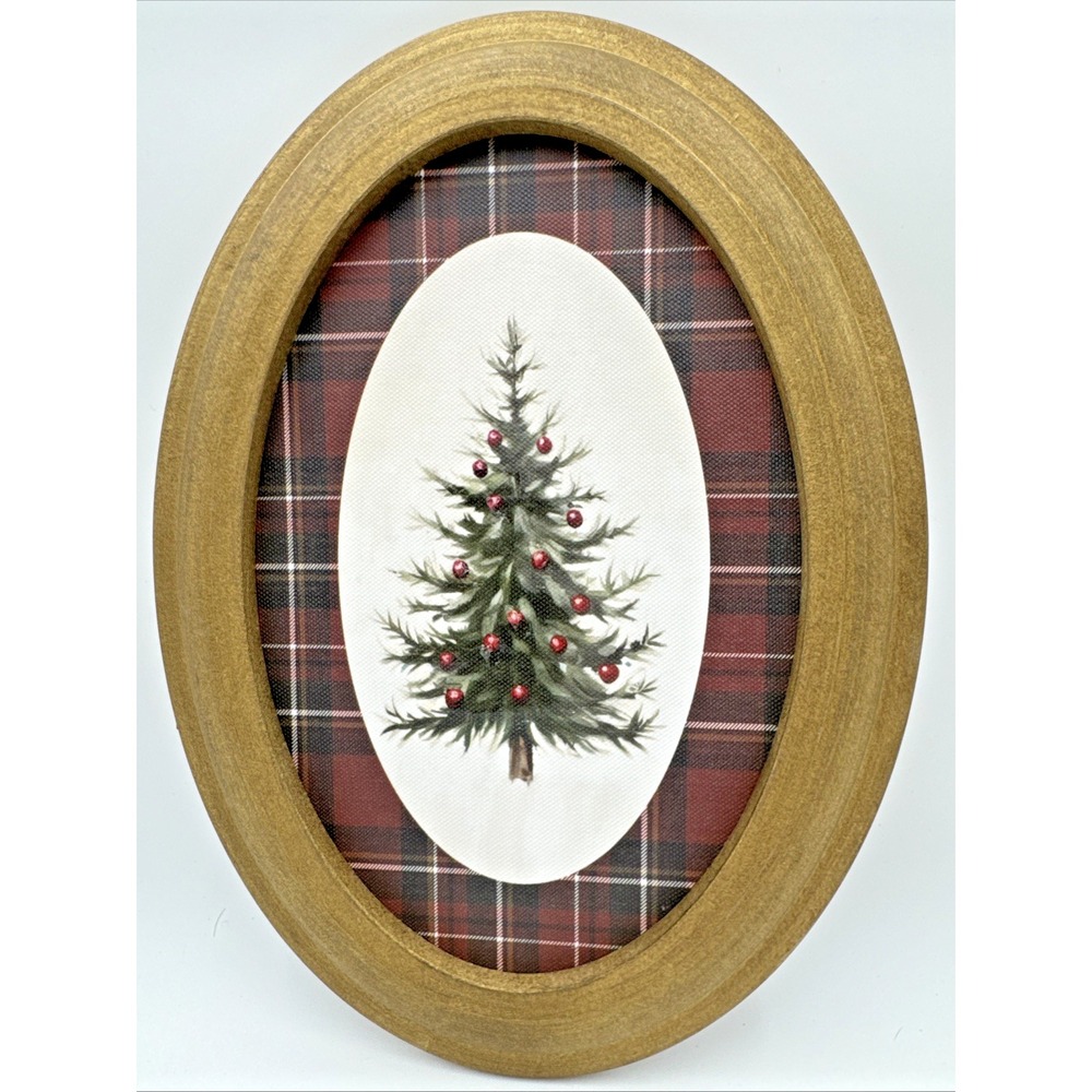 Hobby Lobby Christmas Tree Tartan Plaid Oval Gold Wood Wall Decor 11" NEW